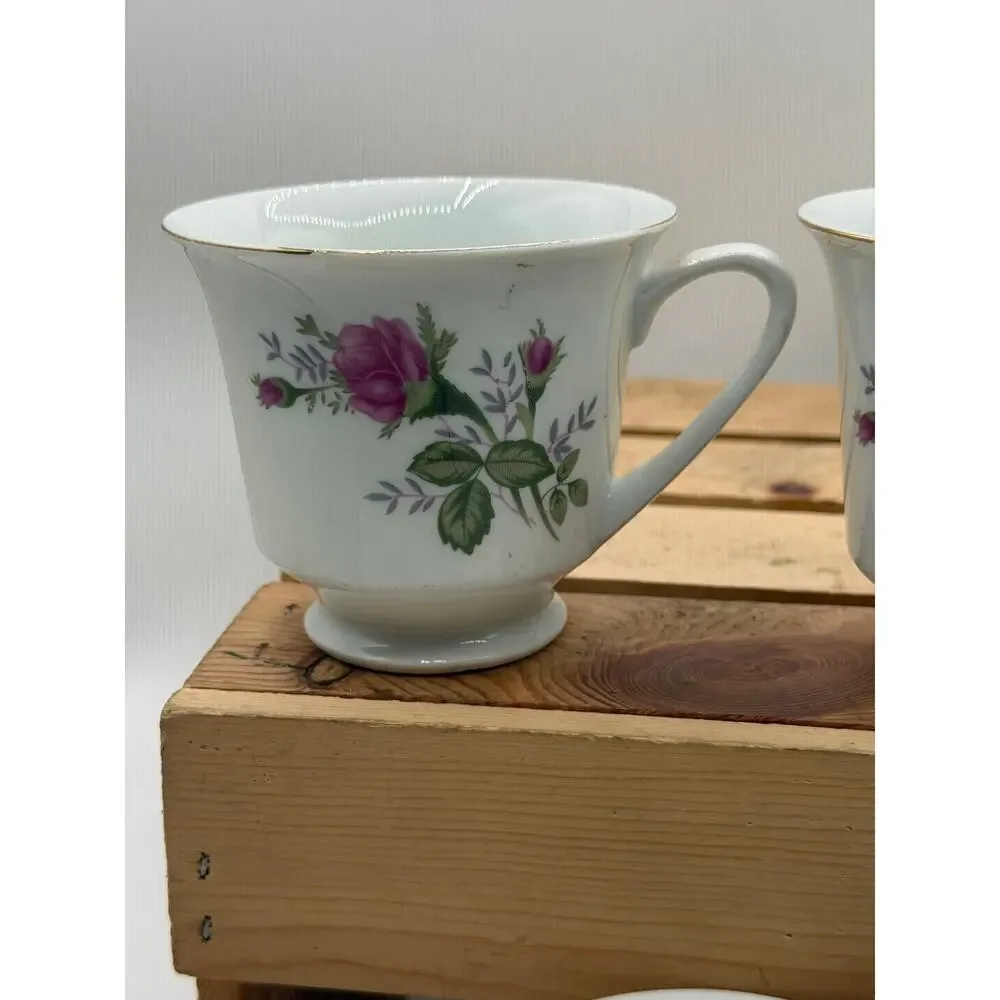 Vintage Pink Rose Porcelain Teacups with Gold Trim – Set of 5